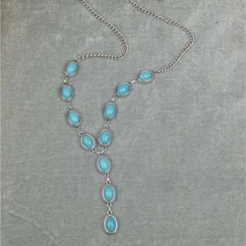 ⭐️ Western Boho Lariat Y Shape Silver and Faux Turquoise Drop Necklace NWOT - Picture 4 of 13